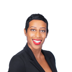 short-cut woman in red lipstick smiles at the camera