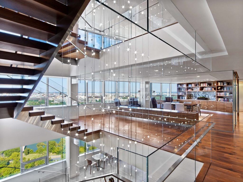 hall in a modern office with library