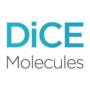 Dice molecules logo title blue black